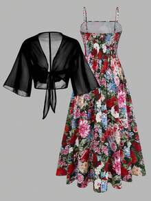 Franclia 大码女装时尚夏季碎花雪纺连衣裙和外套优雅两件套 - 彩色 - 查看 2