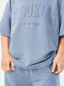 少女宽松休闲舒适圆领落肩短袖T恤和裤子套装 - 淺藍色 - 查看 3