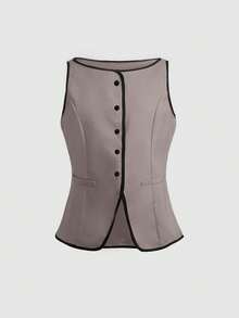 SHEIN Tween Girl Single-Breasted Vest, Shirt And Pants Casual Outfit - Khaki - View 4