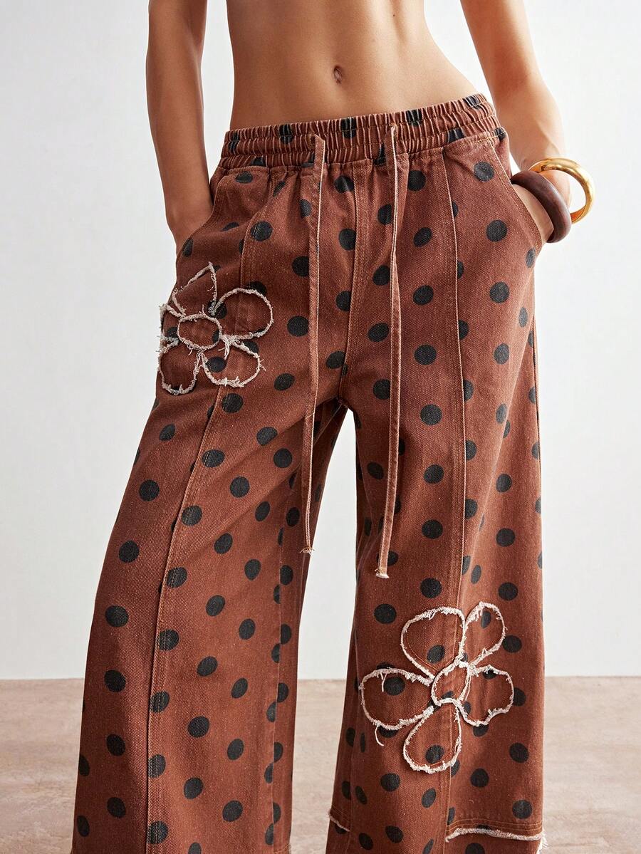 Bohemela 女士休闲舒适 Y2K 波西米亚风音乐节西部乡村复古水洗斜纹牛仔拼接波点宽松阔腿裤 - 卡其色 - 查看 1