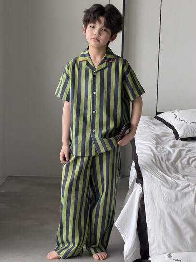 DAZY Tween Boy Striped Short Sleeve Button-Up Top And Pants Pajama Set