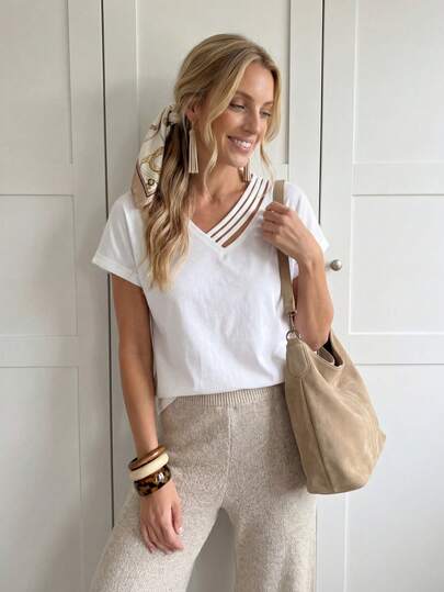 SHEIN LUNE Women's Solid Color Short Sleeve T-Shirt With Asymmetric Neckline,Casual