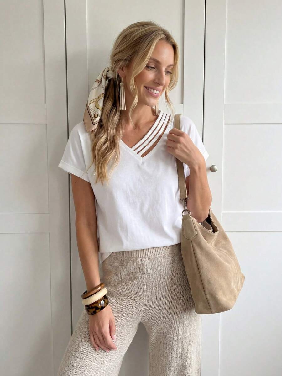 SHEIN LUNE Women's Solid Color Short Sleeve T-Shirt With Asymmetric Neckline,Casual - White - View 1