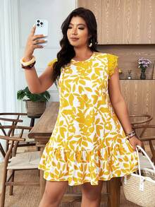 Weeklong Gaun Pendek Model Smock Boho Ukuran Besar dengan Motif Acak, Leher Bulat, Lengan Pendek, Hem Bergelombang, Kain Tenun, Aneka Warna untuk Pakaian Musim Panas - MultiWarna - View 5