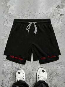 Sport MetroGents 男士翼十字印花二合一短裤，健身款 - 黑色 - 查看 4