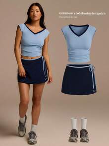 Fluxe Chân váy ngắn nữ in chữ, viền thắt nút, kiểu dáng thường ngày, đa năng. - Màu xanh hải quân - Xem 9