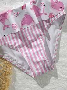 Girls Swimsuit Set, Striped Dolphin Print Pattern, Cute Swimwear Set Suitable For Vacation, Beach Play - Multicolor - View 6