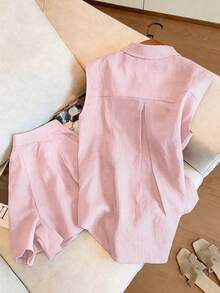 Airaco 女士夏季休闲纯色背心短裤两件套 - 粉色 - 查看 2