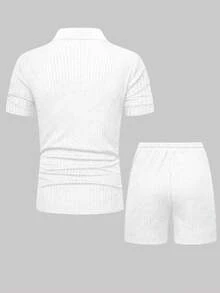 Genlund 男士纯色拉链半开襟短袖 Polo 衫和抽绳短裤两件套休闲套装，男士两件套夏季男装，度假休闲两件套。 - 白色 - 查看 2