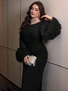 Modelyn Vestido de línea A con volantes en la cintura, mangas acampanadas de malla de unicolor elegante, talla grande, adecuado para primavera y otoño - Negro - Ver 1