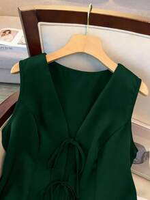 GlowEve CURVE Bộ đồ 2 mảnh dành cho nữ cỡ lớn, màu trơn, kiểu áo vest buộc dây phía trước và quần váy, phong cách thường ngày. - Màu xanh lá cây đậm - Xem 5