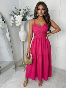 Slaydiva New Early Spring, Spring And Summer Music Festival, Valentine's Day, Easter, Bohemian Style, Nomadic Style, Casual, Simple And Basic, Cruise Party, Birthday Party, Daily Date, Casual Vacation, Elegant Commuting, Halter, Cross Front Piece Design, Cake Skirt, Long Skirt A, Beach Skirt, Rose Red Dress, Long Dress For Women -A - Hot Pink - View 5