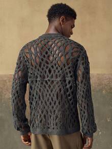 AKNOTIC Business Casual 男士针织钩编杏色花卉休闲宽松长袖衬衫，适合夏季、秋季、度假、日常搭配、派对、情侣装，男士礼物 - 灰色 - 查看 2