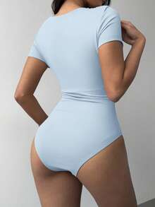 SHEIN BASICS 女士休闲纯色V领短袖修身连体衣 - 藍色 - 查看 3