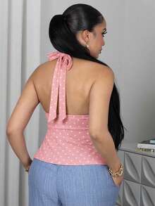 Melissa Matos 女式露背深V领褶饰A字波点露背吊带背心 - 粉色 - 查看 4