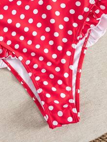 SHEIN Swim Mod Áo tắm liền thân cổ chữ V họa tiết chấm bi, dây đeo rời, trang trí bèo nhún, dành cho nữ, thích hợp cho kỳ nghỉ hè. - Đỏ và trắng - Xem 4