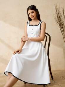 SHEIN Vestido de Cor Sólida Branca com Cinto Preto na Cintura, Vestido Longo Elegante, Adequado para Uso Diário, Festas de Aniversário e Diversos Eventos, Primavera/Verão - Branco - Visão 7