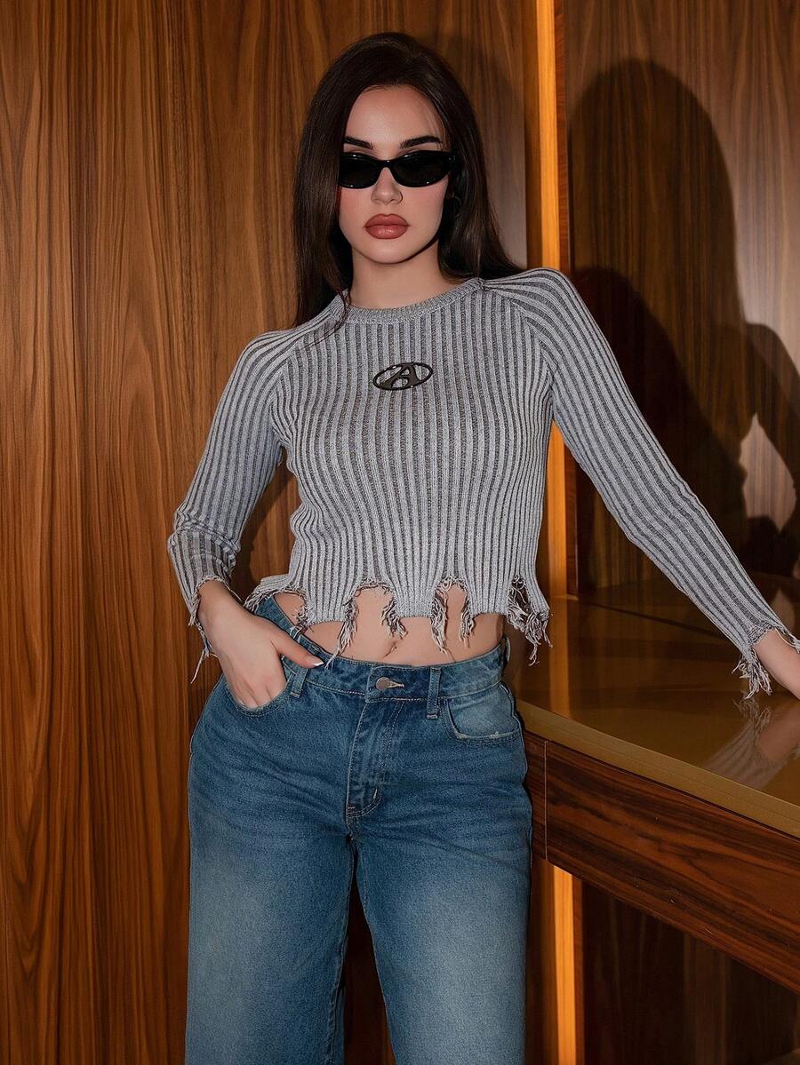 Bris Aura Striped Pattern Distressed Sweater In Fall/Winter - Grey - View 1