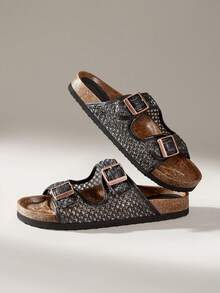 Solecia Damen Schuhe Frühling und Sommer Neu Doppelschnallen Gürtel Anpassungsdesign offene Zehenpartie Flacher Boden Lässig Urlaubsstil Damen Pantoffeln geeignet für Reise Urlaub, Strandreise Sommerschuhe - Stille Nacht Schwarz - Übersicht 3