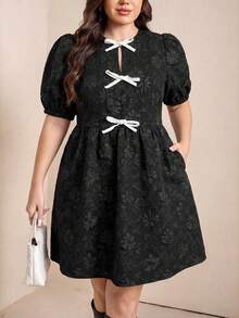 Comfylo Plus Size Jacquard Bow Decor Pocket Dress - Black - View 3