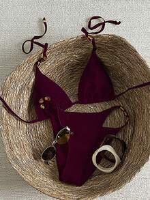 Swim Vcay 女士串珠装饰露背系带性感比基尼套装，闪亮面料，适合海滩度假 - 酒紅色 - 查看 6