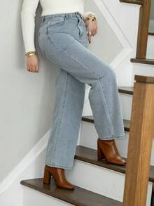 Melissa Matos 斜口口袋直筒牛仔褲 - 淺色水洗藍 - 查看 3