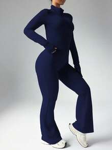 Slayform Women's Plus Size Casual Zip-Up Jacket With Thumb Hole & High Waist Flare Pants 2 Pieces Set Long Sleeve Set Yoga Set Flare Set Sport Set Long Sleeve Jumpsuit Yoga Jumpsuit Flare Jumpsuit Sport Jumpsuit Jumpsuit For Women - Navy Blue - View 4