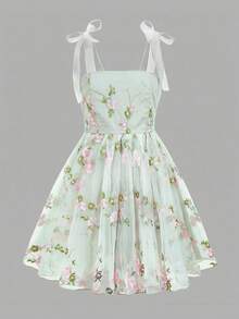 SHEIN 青少年女孩方领泡泡袖刺绣网眼优雅短袖连衣裙 - 綠色 - 查看 2