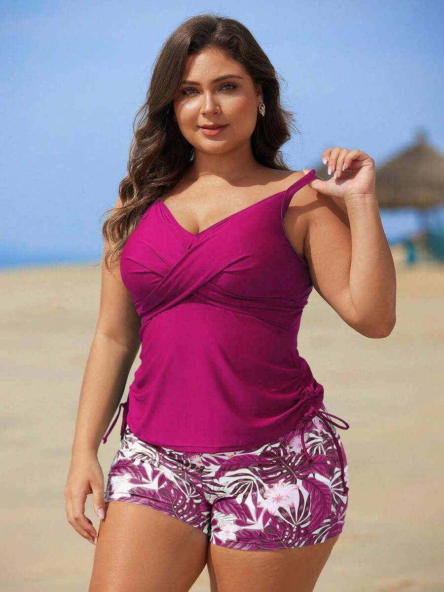 Swim Lushoire Plus Size Solid Color Camisole & Tropical Print Shorts Bikini Set - Rose Red - View 1