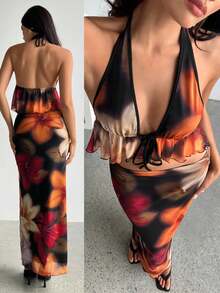 Aloruh Bộ đồ 2 món dành cho nữ, kiểu dáng mới, gợi cảm và thanh lịch, họa tiết hoa lãng mạn cổ điển, nhuộm tie-dye, áo crop top cổ chữ V sâu, hở lưng và chân váy ôm eo cạp cao, trang phục đi nghỉ mát, trang phục mùa hè cho nữ, bộ hai mảnh trang phục đi biển cho nữ, bộ đồ đi nghỉ mát cho nữ. - Nhiều màu - Xem 2