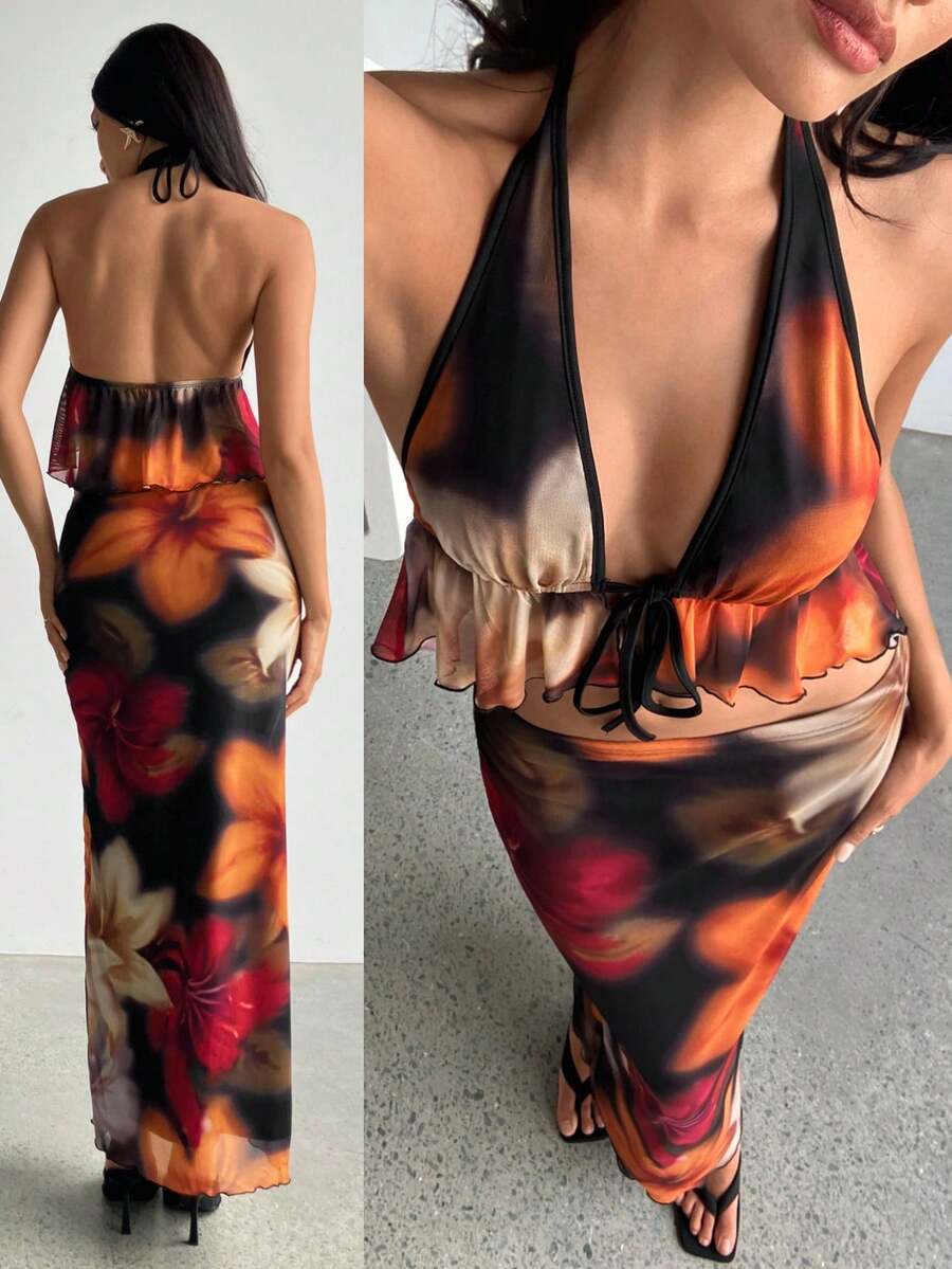 Aloruh Bộ đồ 2 món dành cho nữ, kiểu dáng mới, gợi cảm và thanh lịch, họa tiết hoa lãng mạn cổ điển, nhuộm tie-dye, áo crop top cổ chữ V sâu, hở lưng và chân váy ôm eo cạp cao, trang phục đi nghỉ mát, trang phục mùa hè cho nữ, bộ hai mảnh trang phục đi biển cho nữ, bộ đồ đi nghỉ mát cho nữ.