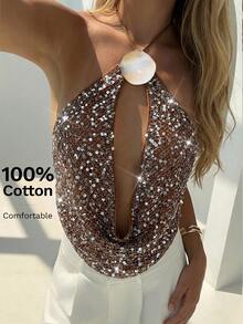 Aloruh Áo hai dây dệt kim hở lưng gợi cảm bằng vải lưới đính sequin ánh kim màu kaki, nâu, mơ, thích hợp mặc đi nghỉ mát. - Màu Khaki - Xem 5