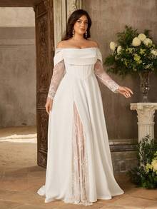 Aureia 大码优雅奢华浪漫白色弹力针织蕾丝拼接露肩薄纱蕾丝袖褶裥垂褶领口A字下摆新娘婚纱 - 白色 - 查看 8