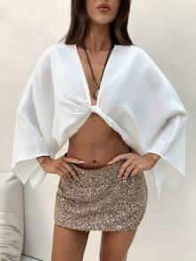 Aloruh 女士春夏新款优雅性感时尚浪漫艺术米色雪纺花卉提花宽松喇叭袖衬衫，适合海滩、约会穿着 - 白色 - 查看 6