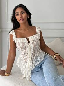 Slaydiva Blusa de encaje semitransparente con volantes y bajo asimétrico, de color albaricoque, de estilo bohemio, romántico y perfecto para vacaciones y citas de verano para mujeres - Albaricoque - Ver 4