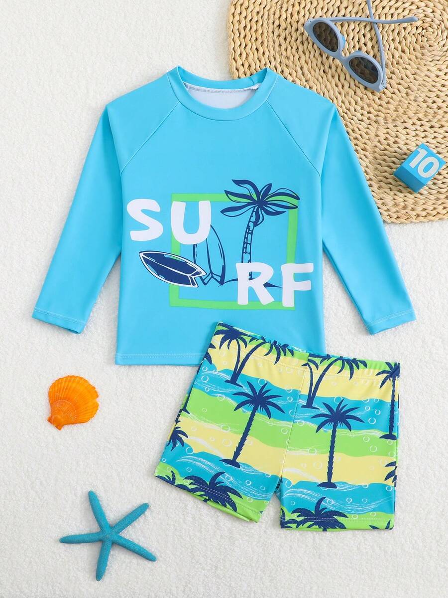Conjunto de traje de baño para niño, estampado de árbol de coco para deportes y vacaciones - Azul menta - Ver 1