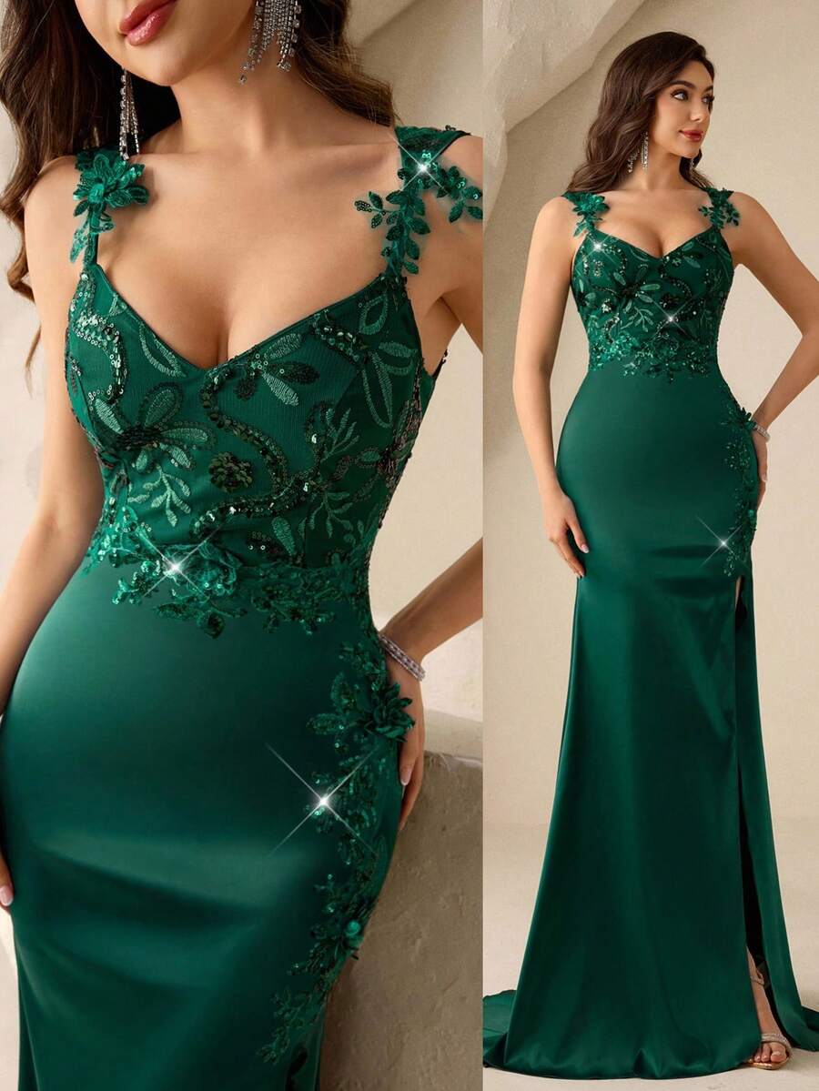 Coutiva 女士串珠拼接无袖正式晚礼服（重工装饰） - 墨綠色 - 查看 1