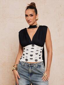 Lumalex 女士波点图案深V领褶皱时尚衬衫 - 黑與白 - 查看 5