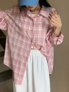 DAZY Women's Plaid Loose Casual Long Sleeve Shirt - Baby Pink - View 2