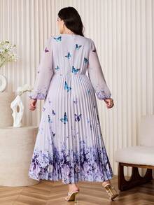Modelyn Plus Size Elegant Party Floral & Butterfly Print Pleated Dress - Multicolor - View 2