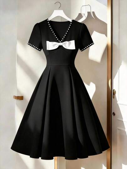 GlowEve CURVE Plus Size Women Contrast Color Bow Decor Short Sleeve Faux Pearl Embellished Elegant Dress