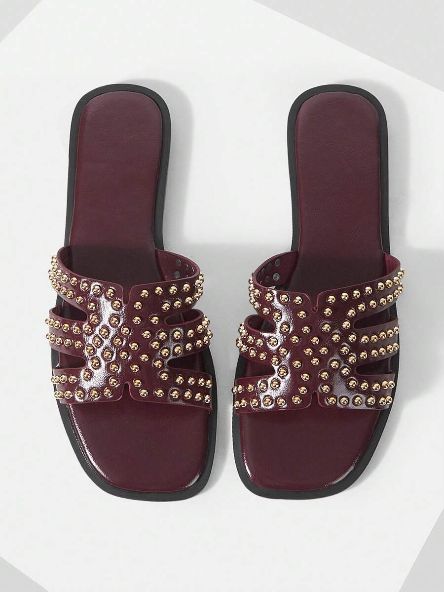 Mnmlis Zapatillas planas de moda para mujer con remaches incrustados, estilo casual y fresco, para uso diario y vacaciones, de punta abierta - Burdeos - Ver 1