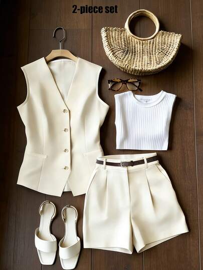  Franclia Women's Casual V-Neck Sleeveless Soft Linen Texture Vest, Matching Linen Shorts, 2 Piece Casual Suit Set For Spring/Summer, Suitable For Daily, Commuting, Vacation,Women's Suits,Stylish, Casual, And Versatile For Commuting, Sleeveless  Tops, Women's Blouse,Women's Suit Vest And Women's Shorts,Khaki Shorts,Linen Shorts,Women's Casual Shorts,Women's Beach Shorts,With Belt,Spring And Summer,Khaki Women's Two-Piece Sets, Women's Suits, Women's Sets,Women's Shorts Sets,Women's Summer Sets,Women's Linen Suit,Textured Fabric Suit,Women's Vacation Set, Women's Beach Set,Ladies Casual Suit,Old Money Style Suit,Women's Solid Color Suit, Women's Casual Workwear,Summer Clothes, Summer Outfit For Women,Beach Outfit For Women ,Casual Sets For Women