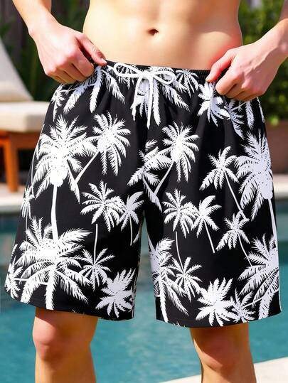 SHEIN 1pc Teen Boys Black & White Palm Tree Print Swimwear, Elastic Waist With Drawstring, Woven Fabric, Fashionable, Casual, Suitable For Swimming, Summer Vacation, Beach, Pool Party Mens Swim Trunks Beach Shorts Palm Tree Shorts Black And White Shorts Mens Board Shorts Mens Shorts Summer Mens Swimwear Tropical Shorts