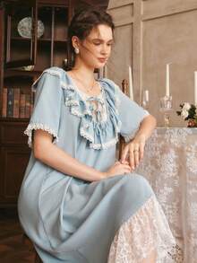 浪漫蕾丝拼接极简宫廷风长袖女式睡裙 - 藍色 - 查看 5