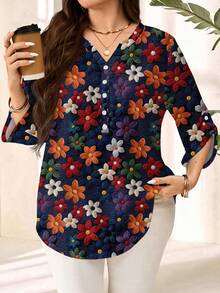 EMERY ROSE Plus Size Women Floral Print Single-Breasted Casual Versatile Daily Wear Shirt - Multicolor - View 5