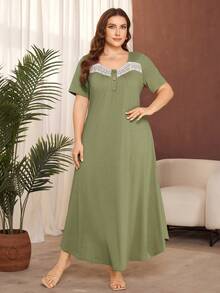 Lacomfia Plus Size Solid Color Short Sleeve Knit Casual Ruffle Hem Dress - Green - View 3