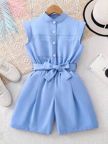 SHEIN 1pc Girls' Casual Solid Color Minimalist Romper, Suitable For Daily Wear And Outdoor - Blue - View 3