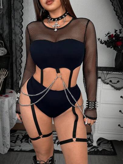 Whyspr Plus Size Women Round Neck Chain Mesh Bodysuit, Sexy For Date And Outing