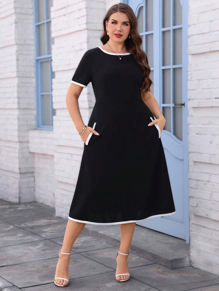 Plus Size Women Round Neck Contrast Trim Casual Vacation Dress